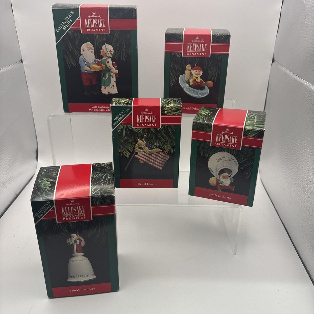 Vtg~Hallmark Ornaments~Lot of 5~Rapid Delivery/Flag of Liberty/Gift Exchange IOB